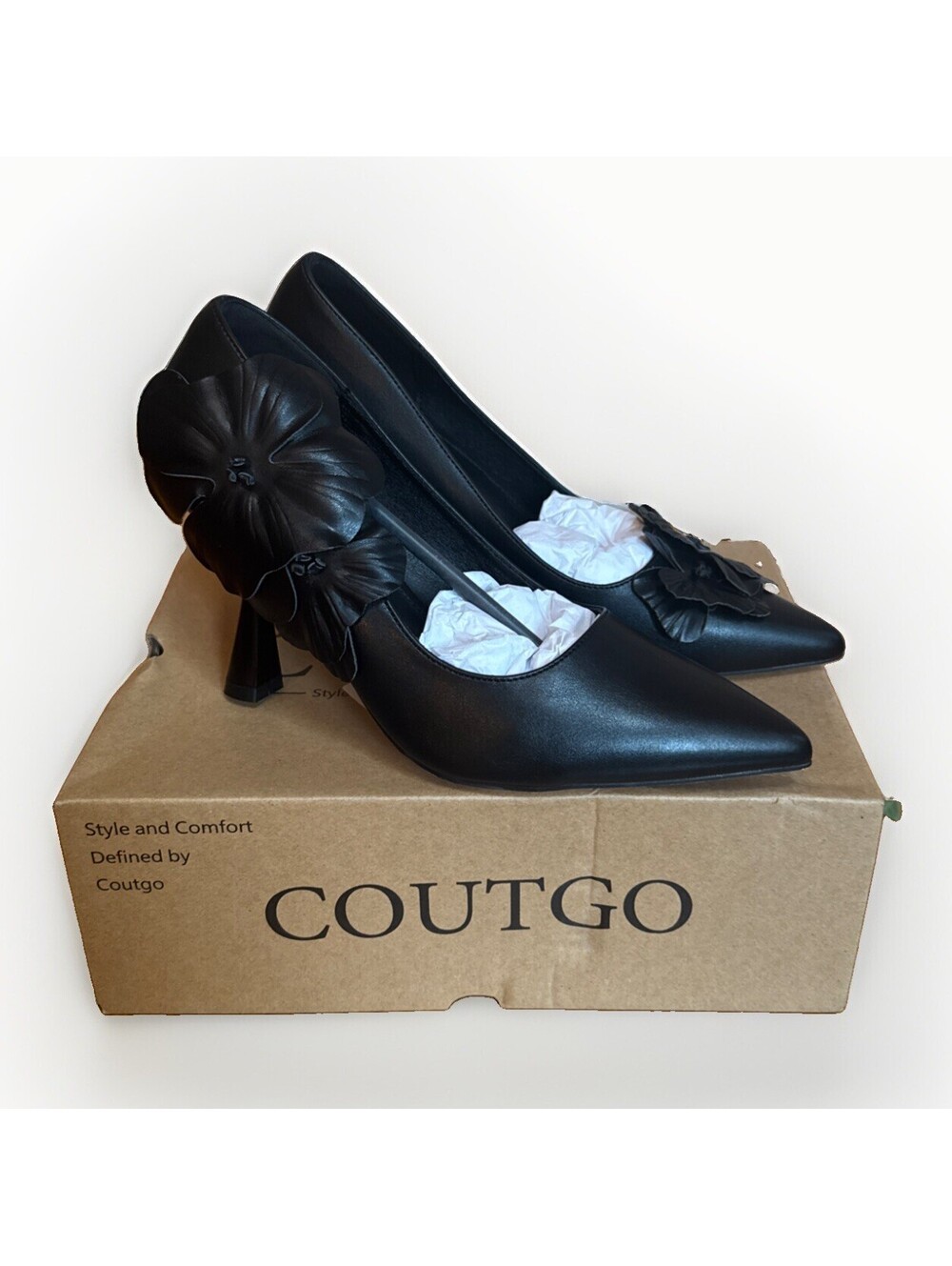 NIB Coutgo Women's Stiletto High Heels Flower Formal Pumps Black Size 8.5